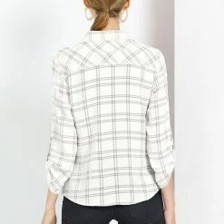 Allegra K Women's Roll Up Long Sleeves Button Down Work Plaid Shirt