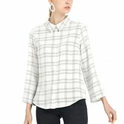 Allegra K Women's Roll Up Long Sleeves Button Down Work Plaid Shirt