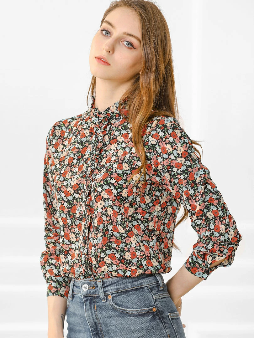 Allegra K Women's Floral Button Up Ruffle Stand Collar Long Sleeve Shirt 16 Allegra K Women's Floral Button Up Ruffle Stand Collar Long Sleeve Shirt