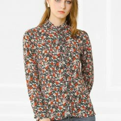 Allegra K Women's Floral Button Up Ruffle Stand Collar Long Sleeve Shirt 52 Allegra K Women's Floral Button Up Ruffle Stand Collar Long Sleeve Shirt