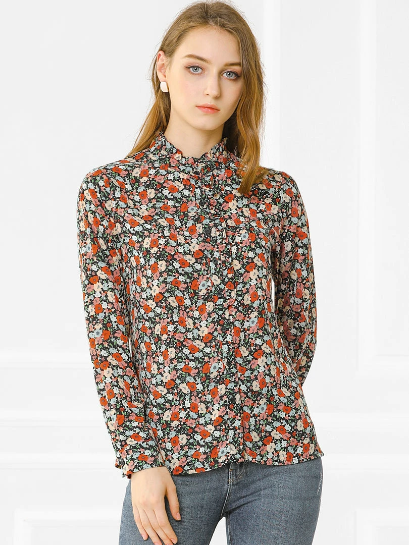 Allegra K Women's Floral Button Up Ruffle Stand Collar Long Sleeve Shirt 17 Allegra K Women's Floral Button Up Ruffle Stand Collar Long Sleeve Shirt