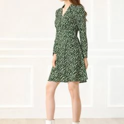 Allegra K Women's Bohemian Floral Long Sleeve Deep V Neck Elastic Waist Back Chiffon Vintage Dress