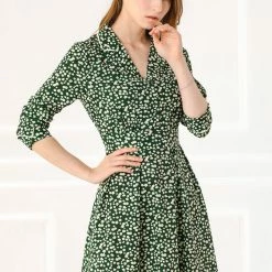 Allegra K Women's Bohemian Floral Long Sleeve Deep V Neck Elastic Waist Back Chiffon Vintage Dress