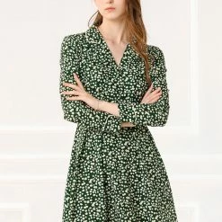 Allegra K Women's Bohemian Floral Long Sleeve Deep V Neck Elastic Waist Back Chiffon Vintage Dress