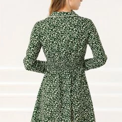 Allegra K Women's Bohemian Floral Long Sleeve Deep V Neck Elastic Waist Back Chiffon Vintage Dress