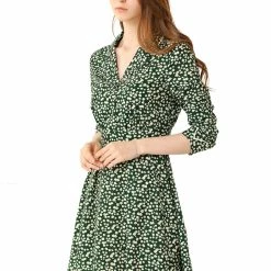 Allegra K Women's Bohemian Floral Long Sleeve Deep V Neck Elastic Waist Back Chiffon Vintage Dress