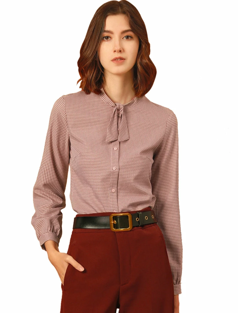 Allegra K Women's Tie Neck Stand Collar Long Sleeve Plaids Blouse Shirt 10 Allegra K Women's Tie Neck Stand Collar Long Sleeve Plaids Blouse Shirt