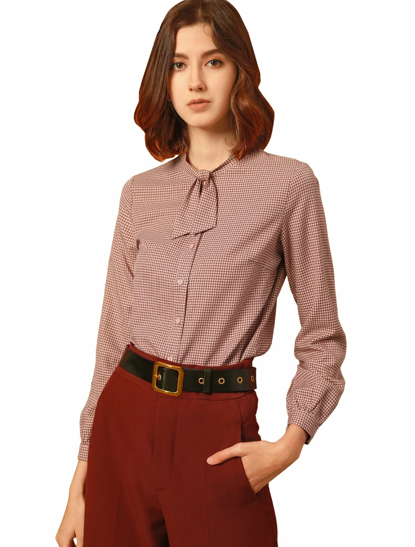 Allegra K Women's Tie Neck Stand Collar Long Sleeve Plaids Blouse Shirt 9 Allegra K Women's Tie Neck Stand Collar Long Sleeve Plaids Blouse Shirt