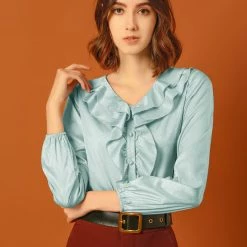 Allegra K Women's Ruffle V-Neck Textured Shiny Satin Long Puff Sleeve Button Up Shirt 22 Allegra K Women's Ruffle V-Neck Textured Shiny Satin Long Puff Sleeve Button Up Shirt