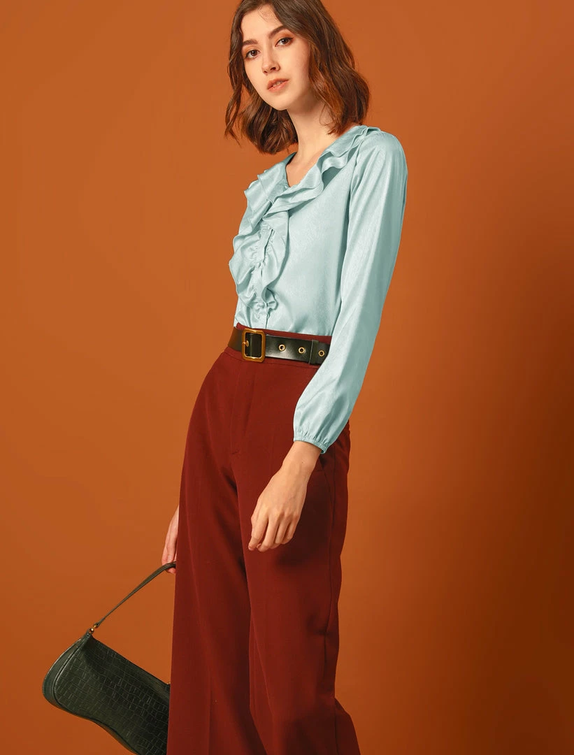 Allegra K Women's Ruffle V-Neck Textured Shiny Satin Long Puff Sleeve Button Up Shirt 12 Allegra K Women's Ruffle V-Neck Textured Shiny Satin Long Puff Sleeve Button Up Shirt