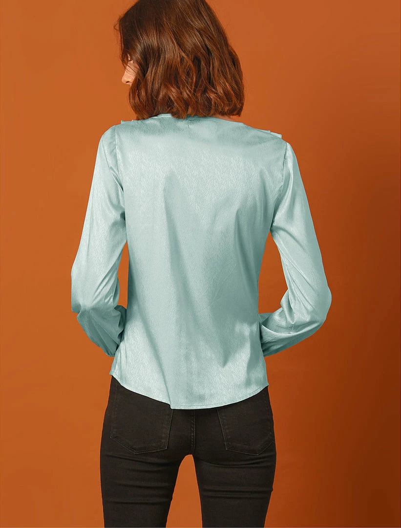 Allegra K Women's Ruffle V-Neck Textured Shiny Satin Long Puff Sleeve Button Up Shirt 13 Allegra K Women's Ruffle V-Neck Textured Shiny Satin Long Puff Sleeve Button Up Shirt