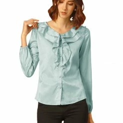 Allegra K Women's Ruffle V-Neck Textured Shiny Satin Long Puff Sleeve Button Up Shirt 20 Allegra K Women's Ruffle V-Neck Textured Shiny Satin Long Puff Sleeve Button Up Shirt