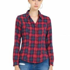 Allegra K Women's Tartan Plaids Button Up Long Sleeve Buffalo Shirt