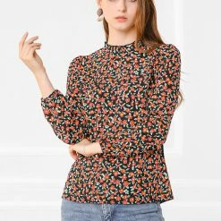 Allegra K Women's Elegant Collared Long Sleeve Tops Floral Chiffon Blouses