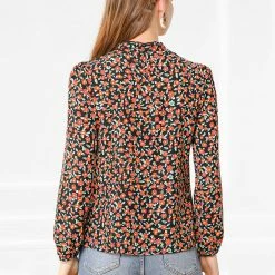 Allegra K Women's Elegant Collared Long Sleeve Tops Floral Chiffon Blouses