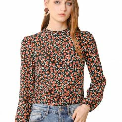 Allegra K Women's Elegant Collared Long Sleeve Tops Floral Chiffon Blouses
