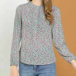 Allegra K Women's Casual Pleated Front Half Placket Long Sleeve Top Floral Blouse