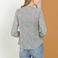 Allegra K Women's Casual Pleated Front Half Placket Long Sleeve Top Floral Blouse