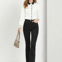 Allegra K Women's Peter Pan Collar Shirt Long Sleeve Vintage Work Button Down Blouse Top