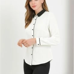 Allegra K Women's Peter Pan Collar Shirt Long Sleeve Vintage Work Button Down Blouse Top