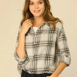 Allegra K Women's Plaid Shirts Button Down Long Sleeve Pockets Oversized Tunics Blouse