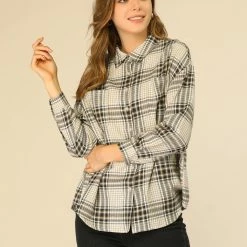 Allegra K Women's Plaid Shirts Button Down Long Sleeve Pockets Oversized Tunics Blouse
