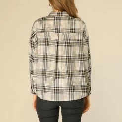 Allegra K Women's Plaid Shirts Button Down Long Sleeve Pockets Oversized Tunics Blouse