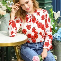Allegra K Women's Floral Bow Tie V Neck Puff Sleeve Shirt Casual Tops 11 Allegra K Women's Floral Bow Tie V Neck Puff Sleeve Shirt Casual Tops