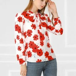 Allegra K Women's Floral Bow Tie V Neck Puff Sleeve Shirt Casual Tops 13 Allegra K Women's Floral Bow Tie V Neck Puff Sleeve Shirt Casual Tops