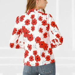 Allegra K Women's Floral Bow Tie V Neck Puff Sleeve Shirt Casual Tops 14 Allegra K Women's Floral Bow Tie V Neck Puff Sleeve Shirt Casual Tops