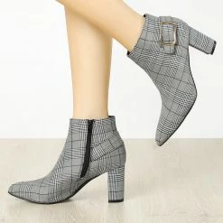 Allegra K Shoes Women's Plaid Pointed Toe Chunky Heel Ankle Boots