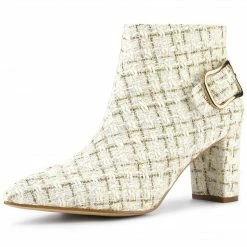 Allegra K Shoes Women's Plaid Pointed Toe Chunky Heel Ankle Boots