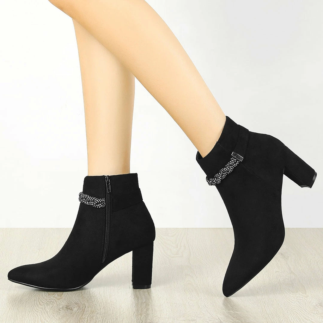 Allegra K Shoes Women's Pointed Toe Rhinestone Chunky Heel Ankle Boots 18 Allegra K Shoes Women's Pointed Toe Rhinestone Chunky Heel Ankle Boots