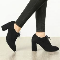 Allegra K Shoes Women's Pointed Toe Lace Up Chunky Heel Ankle Boots