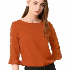 Allegra K Women's Ruffle Sleeve Cuff Split Trim Keyhole Back Button Solid Color Blouse Top