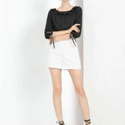 Allegra K Women's Ruffled Neck Half Sleeve Summer Polka Dot Blouse Tops