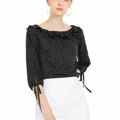 Allegra K Women's Ruffled Neck Half Sleeve Summer Polka Dot Blouse Tops