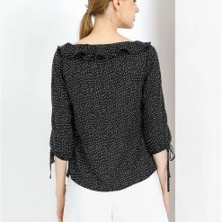 Allegra K Women's Ruffled Neck Half Sleeve Summer Polka Dot Blouse Tops