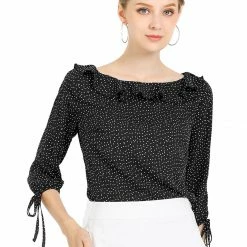 Allegra K Women's Ruffled Neck Half Sleeve Summer Polka Dot Blouse Tops