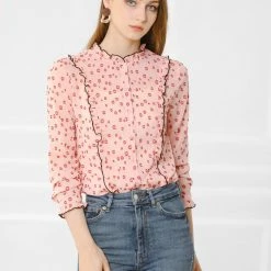 Allegra K Women's Ruffled Collar Contrast Piped Semi Sheer Button Front Dots Shirt Top