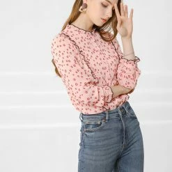 Allegra K Women's Ruffled Collar Contrast Piped Semi Sheer Button Front Dots Shirt Top