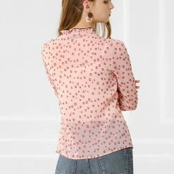 Allegra K Women's Ruffled Collar Contrast Piped Semi Sheer Button Front Dots Shirt Top