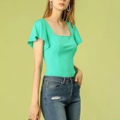 Allegra K Women's Work Office Square Neck Flutter Sleeve Solid Blouse Top