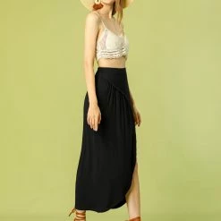 Allegra K Women's Maxi Long Casual Elastic Waist Side Split Slit Asymmetrical Skirt