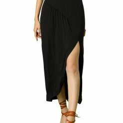 Allegra K Women's Maxi Long Casual Elastic Waist Side Split Slit Asymmetrical Skirt