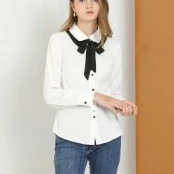 Allegra K Women's Contrast Color Work Office Bow Tie Peter Pan Collar Shirt