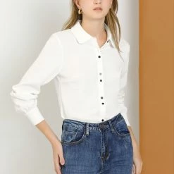 Allegra K Women's Contrast Color Work Office Bow Tie Peter Pan Collar Shirt