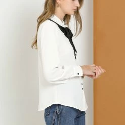 Allegra K Women's Contrast Color Work Office Bow Tie Peter Pan Collar Shirt