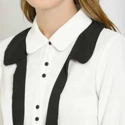 Allegra K Women's Contrast Color Work Office Bow Tie Peter Pan Collar Shirt