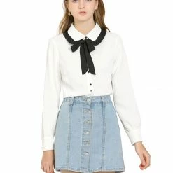 Allegra K Women's Contrast Color Work Office Bow Tie Peter Pan Collar Shirt
